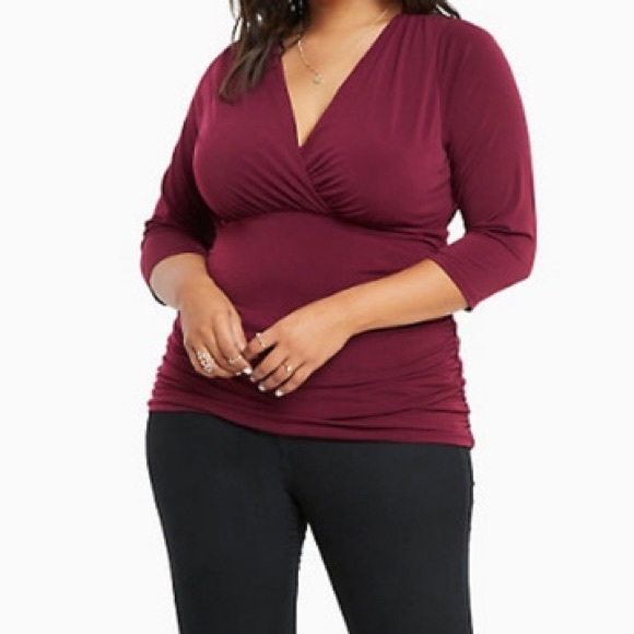 Torrid burgundy shirred lace inset surplice top - Picture 1 of 8